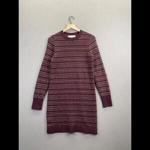 Loft Womens Red Knit Dress Midi Sweater Stripe Round Neck Long Sleeve Size Small